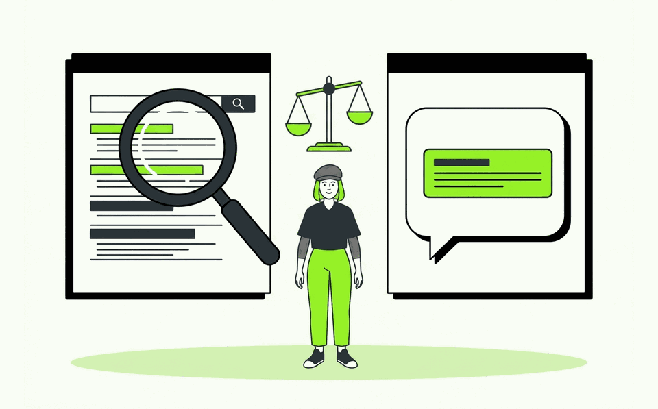 Ilustracja porównująca wyniki Google i odpowiedź AI